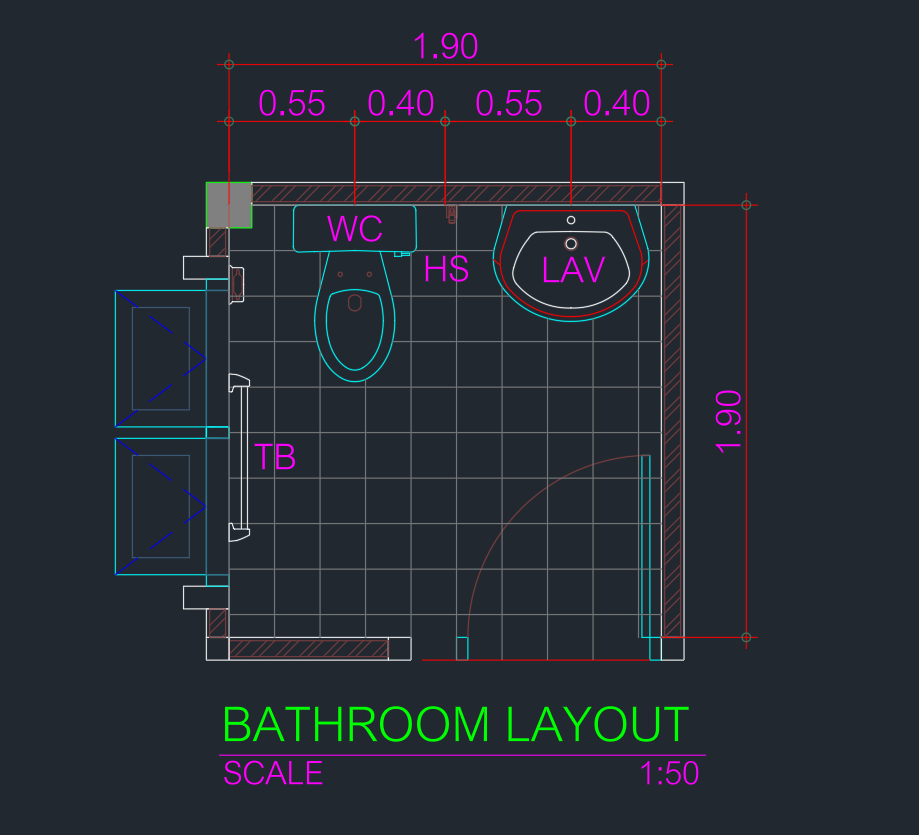 Bathroom Layout Size 1.9×1.9m DWG CAD Block Download