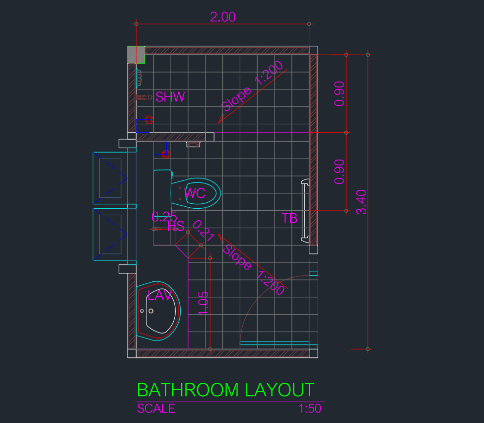 Bathroom Layout Size 3.4x2m DWG CAD Block | AutoCAD Drawing