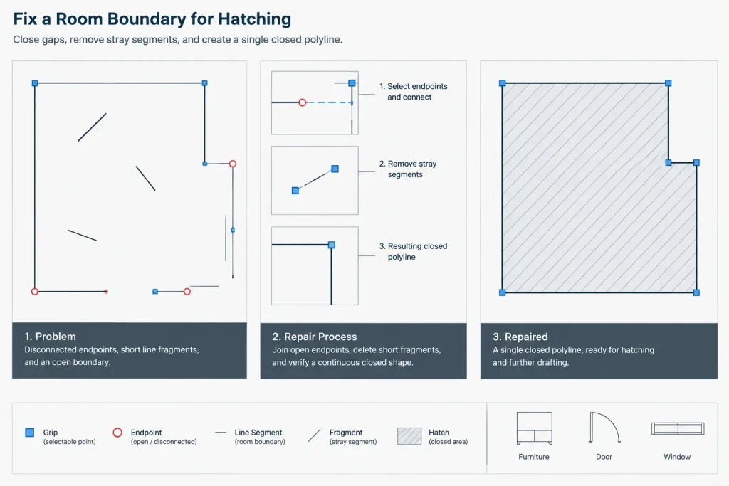 Architectural CAD Geometry Cleanup: How to Find Overlaps, Gaps, and Stray Objects architectural CAD illustration