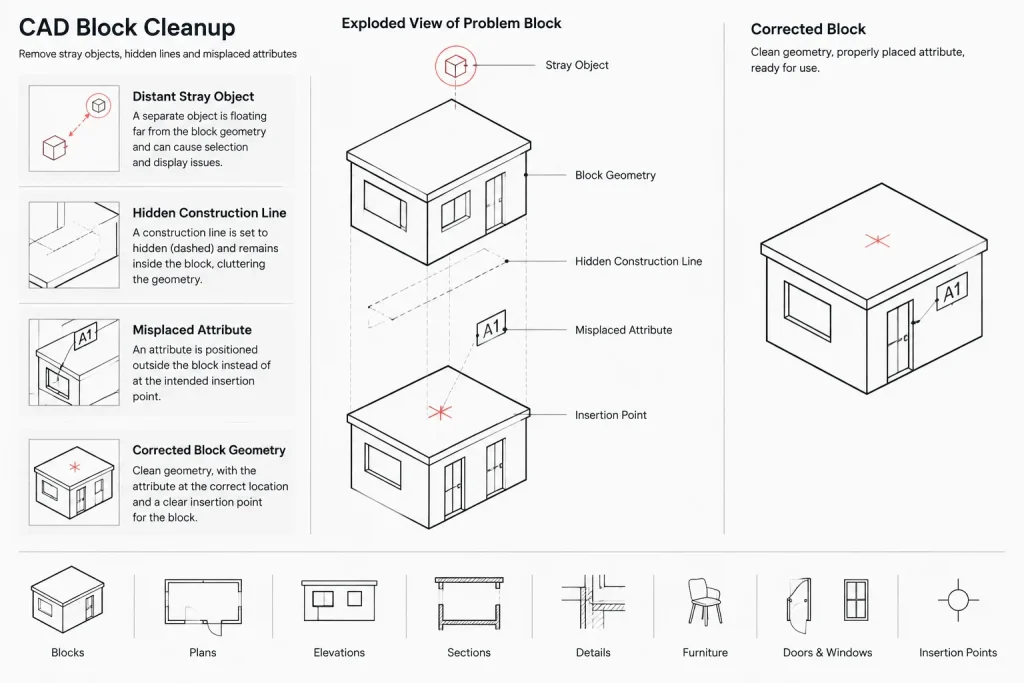 Architectural CAD Geometry Cleanup: How to Find Overlaps, Gaps, and Stray Objects architectural CAD illustration