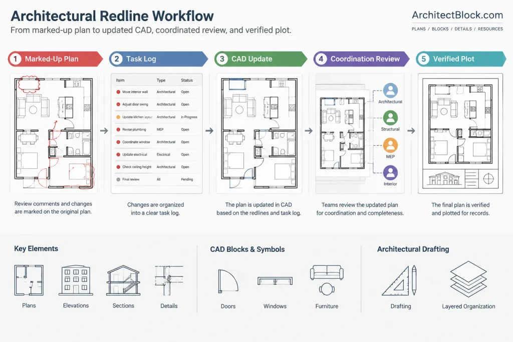 Architectural CAD Redline Workflow: From Markup to Verified Drawing Change architectural CAD illustration