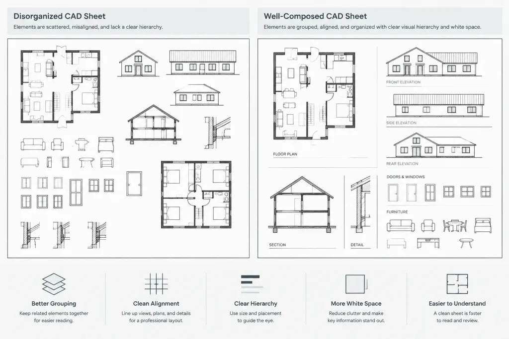 Architectural CAD Sheet Composition: How to Arrange Views, Notes, and White Space architectural CAD illustration
