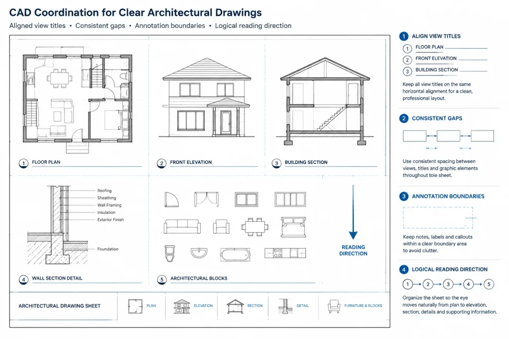 Architectural CAD Sheet Composition: How to Arrange Views, Notes, and White Space architectural CAD illustration