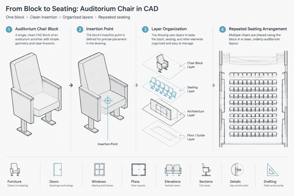 Auditorium Armchairs DWG: Free AutoCAD Blocks Download architectural CAD illustration