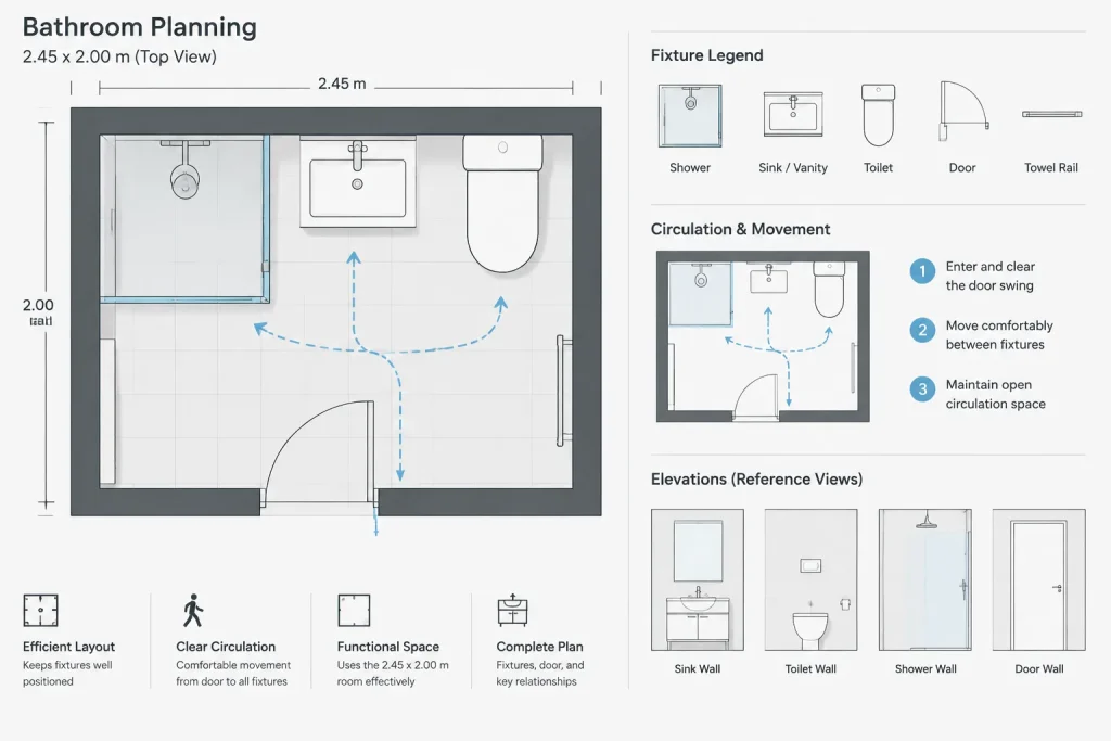 Bathroom Ideas 2.45x2m DWG CAD Block – AutoCAD Drawing Files architectural CAD illustration