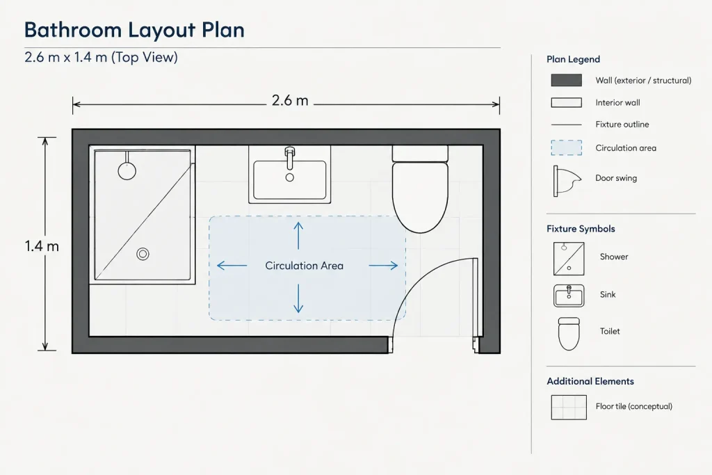 Bathroom Ideas 2.6×1.4m DWG: AutoCAD CAD Block Layouts architectural CAD illustration