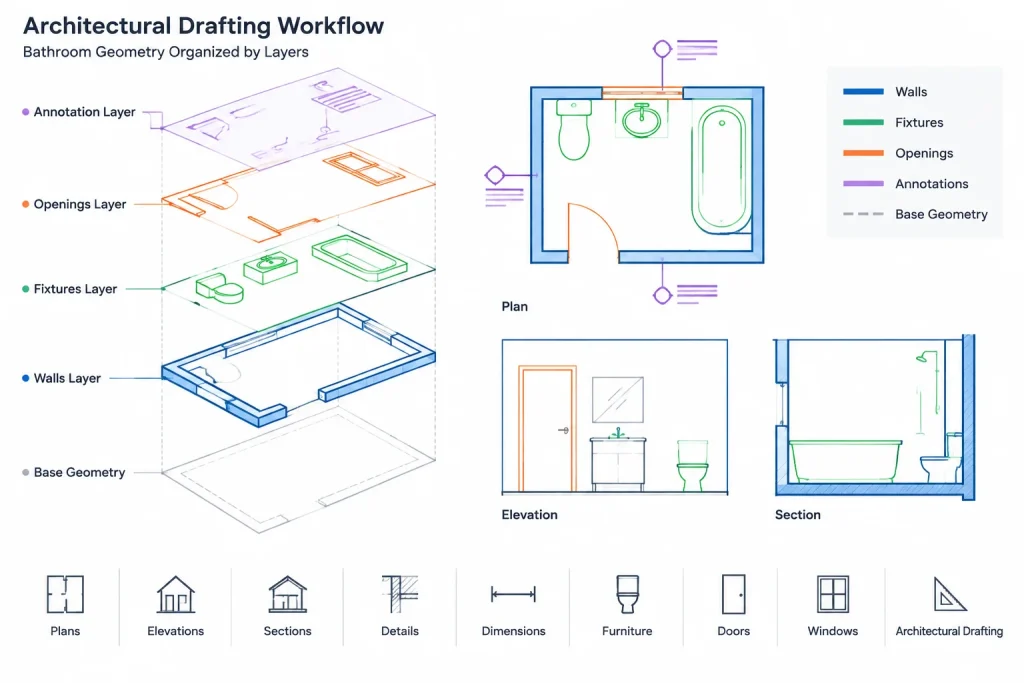 Bathroom Ideas 2x2m: AutoCAD DWG Blocks for Layout & Fixtures architectural CAD illustration