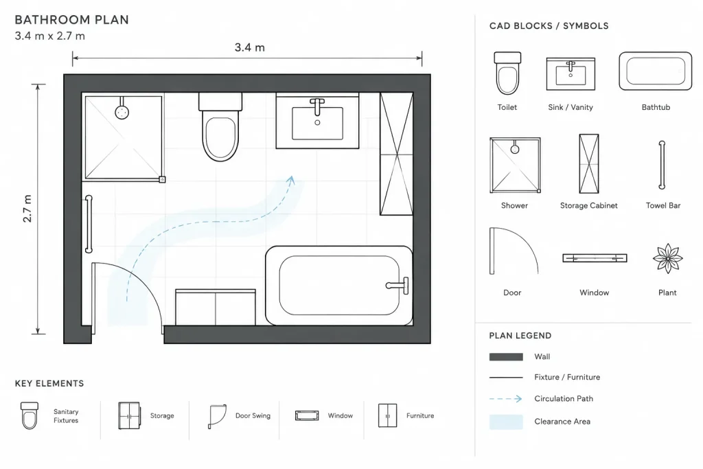 Bathroom Ideas 3.4×2.7m DWG: AutoCAD CAD Block Download architectural CAD illustration