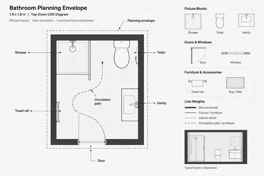 Bathroom Layout 1.9×1.8m DWG CAD Block | AutoCAD Drawing Plan architectural CAD illustration