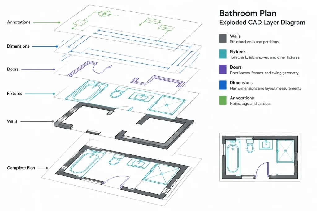 Bathroom Layout Size 1.8×1.4m DWG CAD Block for AutoCAD Design architectural CAD illustration