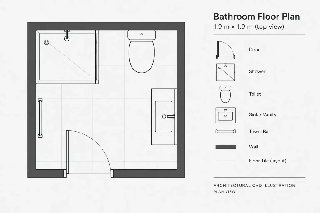 Bathroom Layout Size 1.9×1.9m DWG CAD Block Download architectural CAD illustration