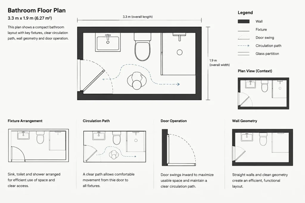Bathroom Layout Size 3.3×1.9m DWG CAD Block for AutoCAD Design architectural CAD illustration