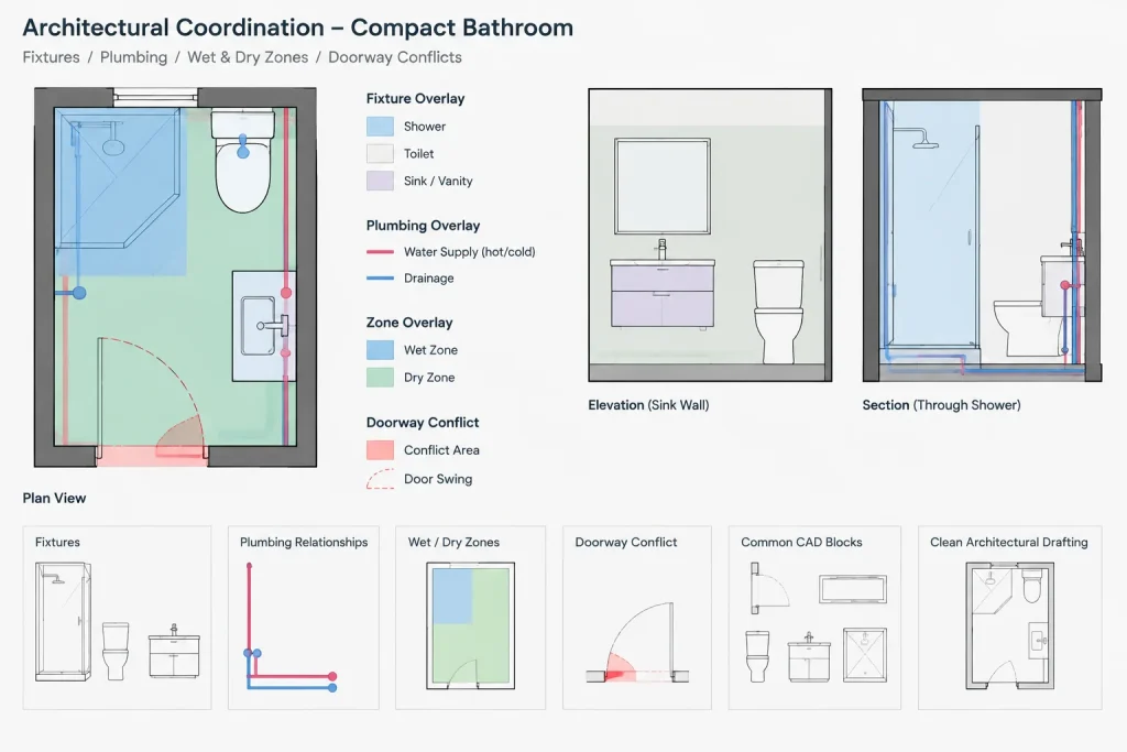 Bathroom Layout Size 3.3×1.9m DWG CAD Block for AutoCAD Design architectural CAD illustration