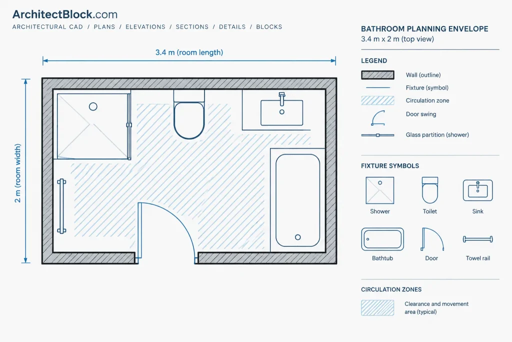 Bathroom Layout Size 3.4x2m DWG CAD Block | AutoCAD Drawing architectural CAD illustration