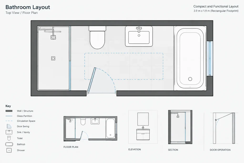 Bathroom Layout Size 3.9×1.9m DWG CAD Block for AutoCAD Drawing architectural CAD illustration