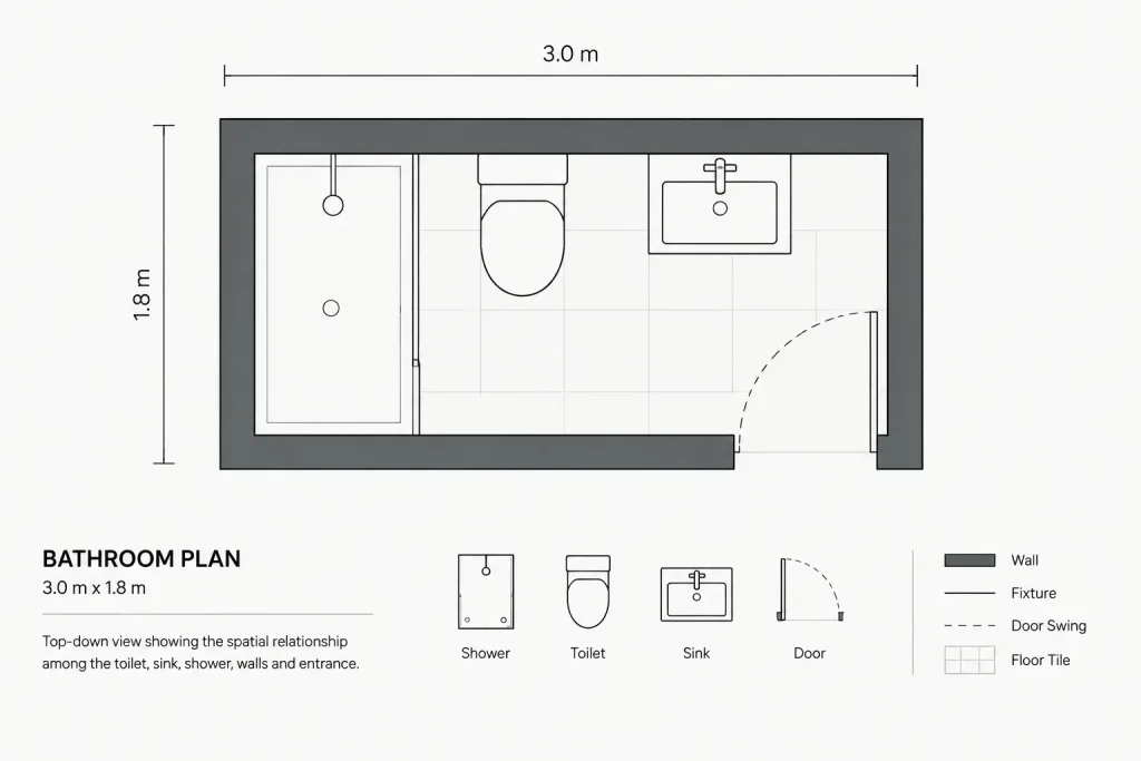 Bathroom Layout Size 3×1.8m DWG CAD Block for AutoCAD Design architectural CAD illustration