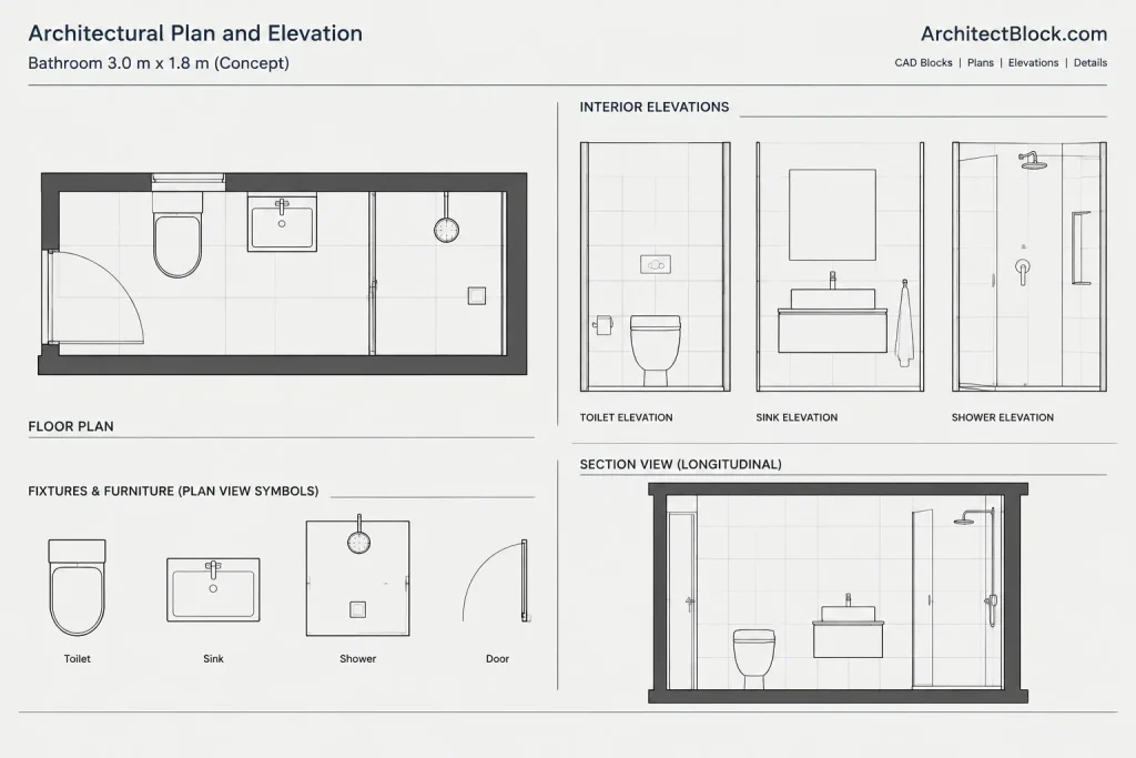 Bathroom Layout Size 3×1.8m DWG CAD Block for AutoCAD Design architectural CAD illustration