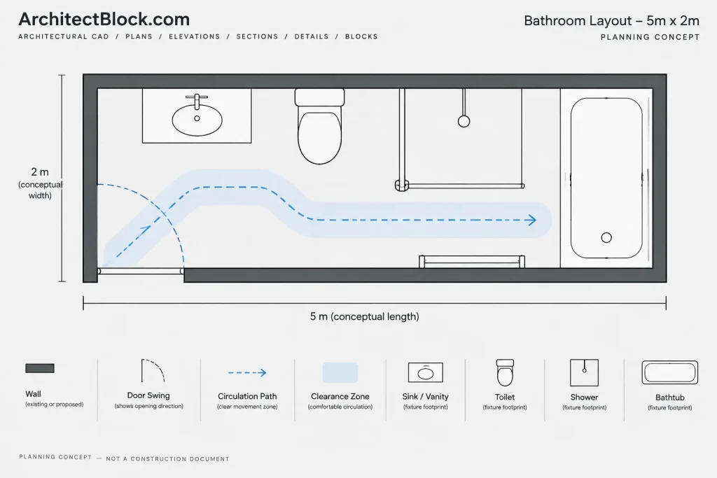 Bathroom Layout Size 5x2m DWG CAD Block | AutoCAD Drawing Plan architectural CAD illustration