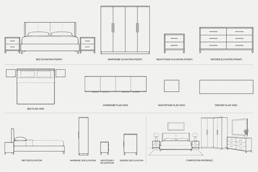 Bedroom Furniture CAD Blocks: Free DWG Files for AutoCAD architectural CAD illustration