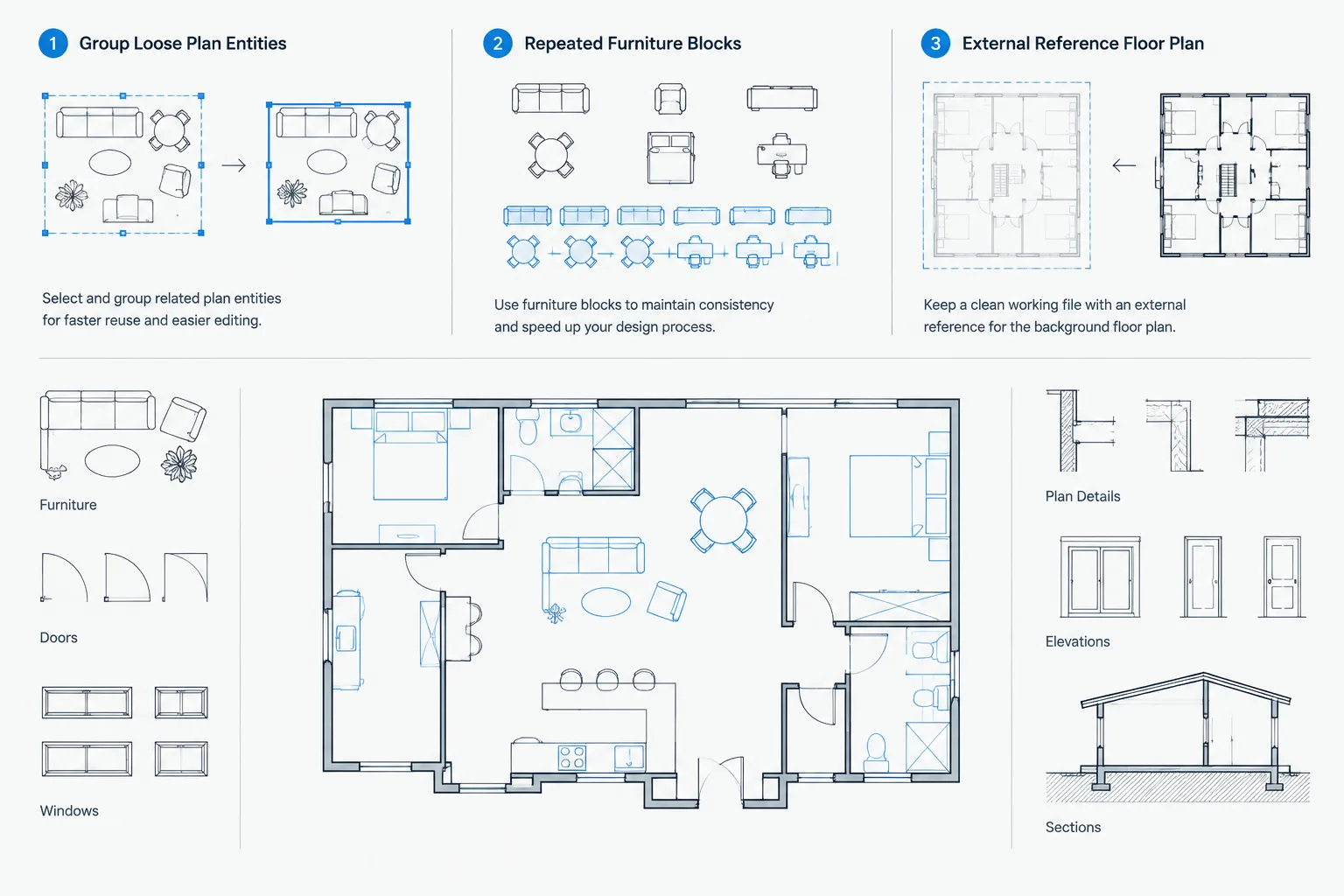 Blocks, Groups, and Xrefs in Architectural CAD: Choosing the Right Reuse Method