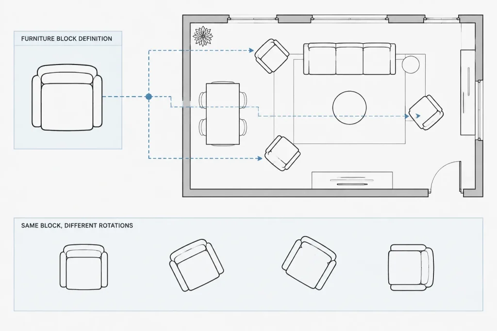 Blocks, Groups, and Xrefs in Architectural CAD: Choosing the Right Reuse Method architectural CAD illustration