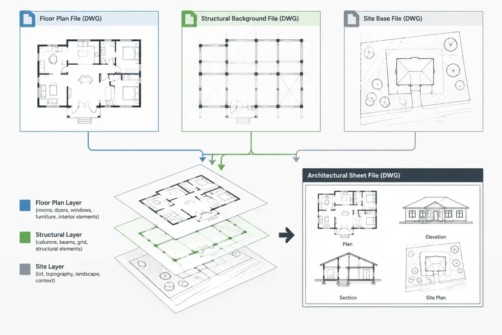 Blocks, Groups, and Xrefs in Architectural CAD: Choosing the Right Reuse Method architectural CAD illustration