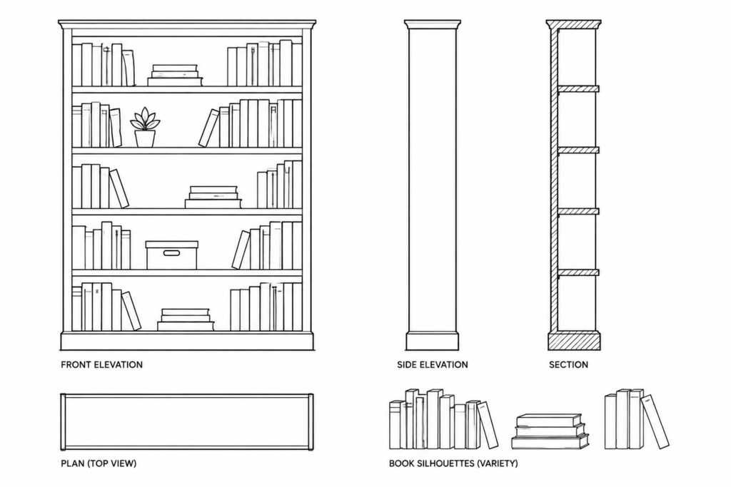 Bookshelf CAD Block Download – Free DWG File for AutoCAD architectural CAD illustration