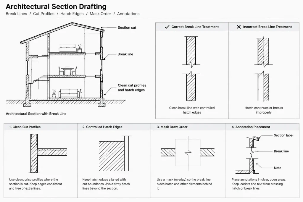 Break Lines and Partial Views in Architectural CAD: A Clear Drafting Workflow architectural CAD illustration