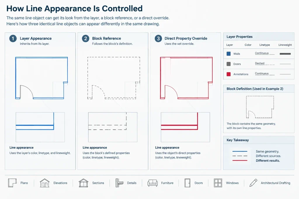 ByLayer, ByBlock, and Object Overrides in Architectural CAD: A Practical Property Workflow architectural CAD illustration