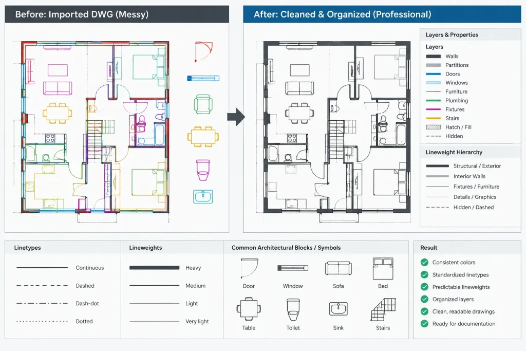 ByLayer, ByBlock, and Object Overrides in Architectural CAD: A Practical Property Workflow architectural CAD illustration