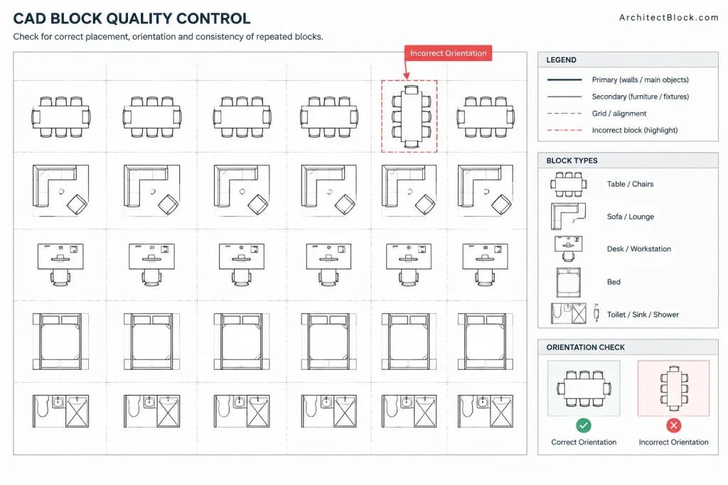 CAD Block Rotation and Mirroring: How to Prevent Orientation and Text Errors architectural CAD illustration