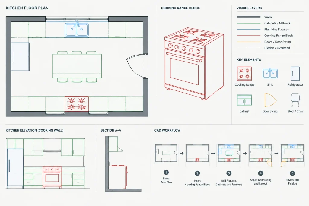 Cooking Range CAD Block – Free AutoCAD DWG Download architectural CAD illustration