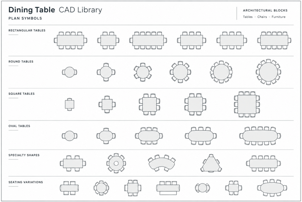 Dining Tables CAD Blocks – Download DWG Files for AutoCAD architectural CAD illustration