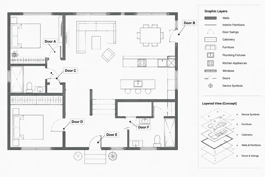 Door Hardware Coordination in Architectural CAD: Plans, Sets, and Schedule Checks architectural CAD illustration