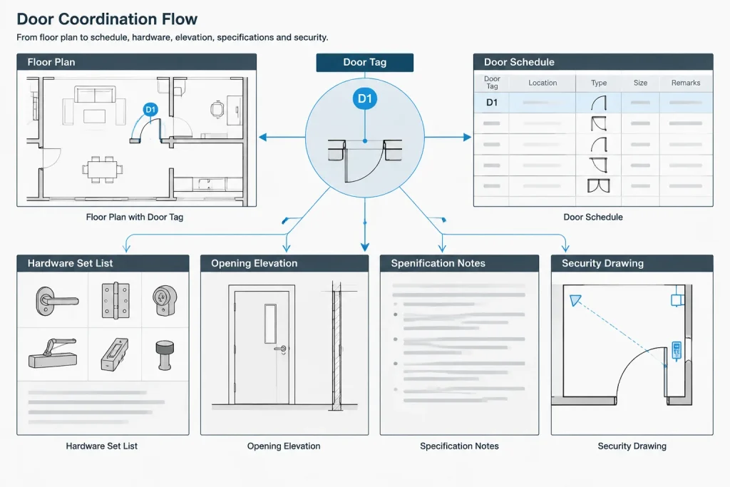 Door Hardware Coordination in Architectural CAD: Plans, Sets, and Schedule Checks architectural CAD illustration