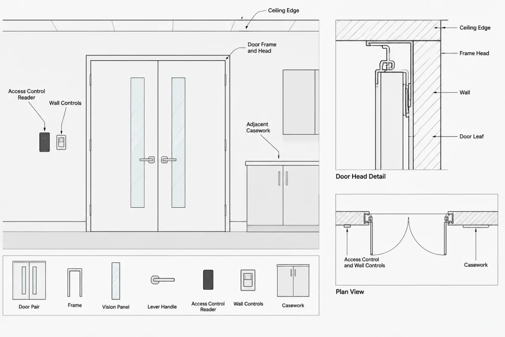 Door Hardware Coordination in Architectural CAD: Plans, Sets, and Schedule Checks architectural CAD illustration