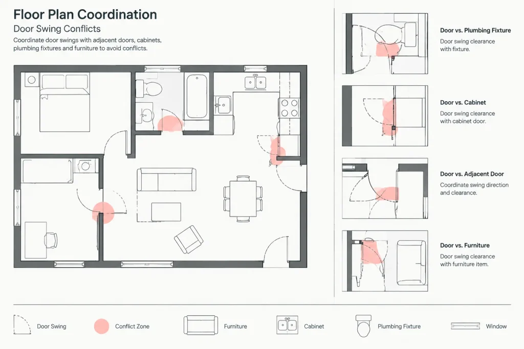 Door Swings in Architectural Floor Plans: A Practical CAD Coordination Guide architectural CAD illustration