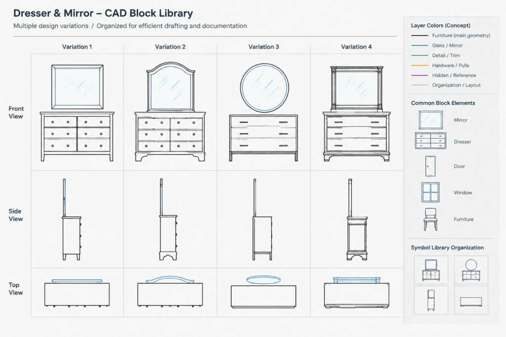 Dressers with Mirrors CAD Block – Free DWG Download for AutoCAD architectural CAD illustration