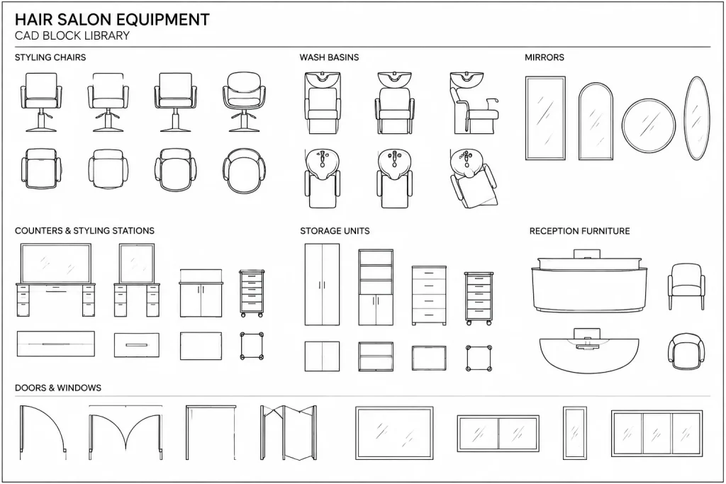 Hair Salon Equipment DWG Blocks for AutoCAD Download architectural CAD illustration