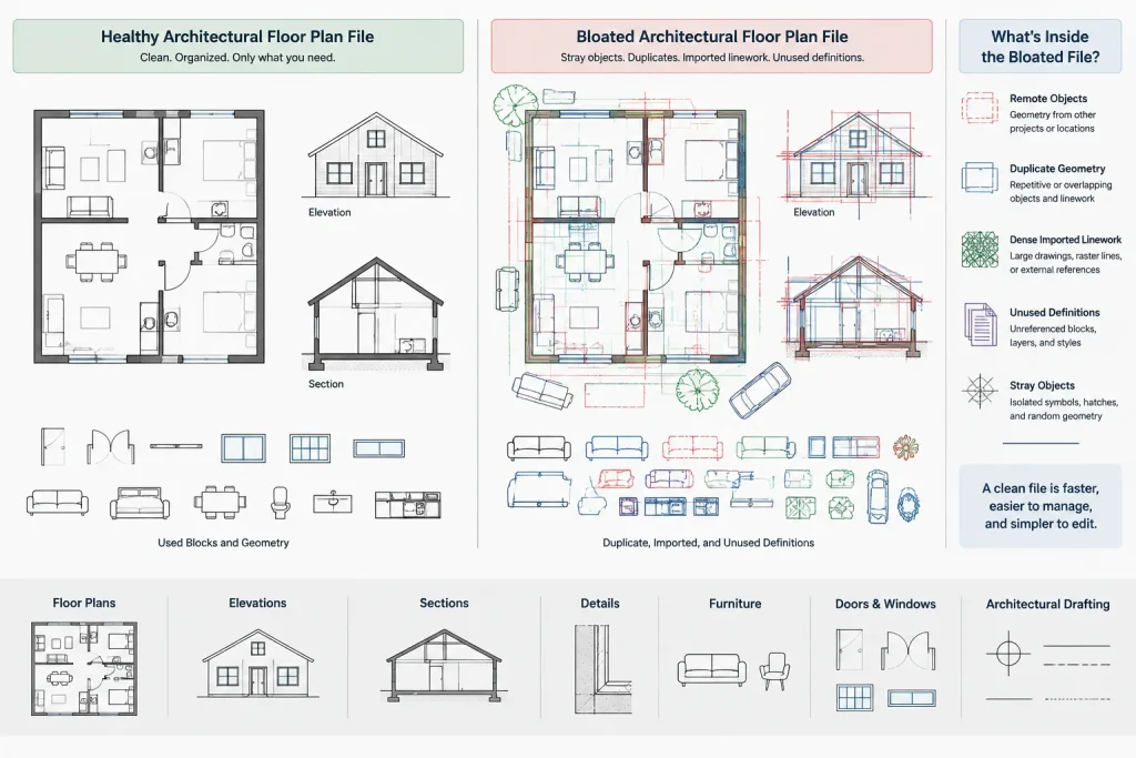 How to Clean Up a Bloated or Unstable Architectural DWG File architectural CAD illustration