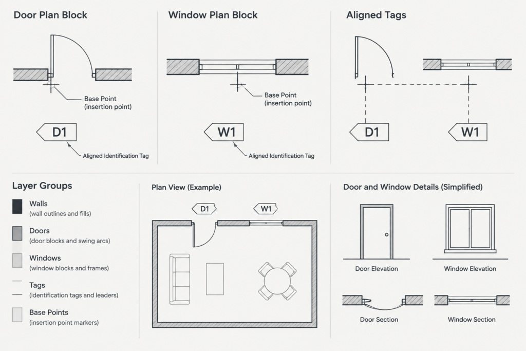 How to Coordinate Door and Window Schedules with CAD Floor Plans architectural CAD illustration