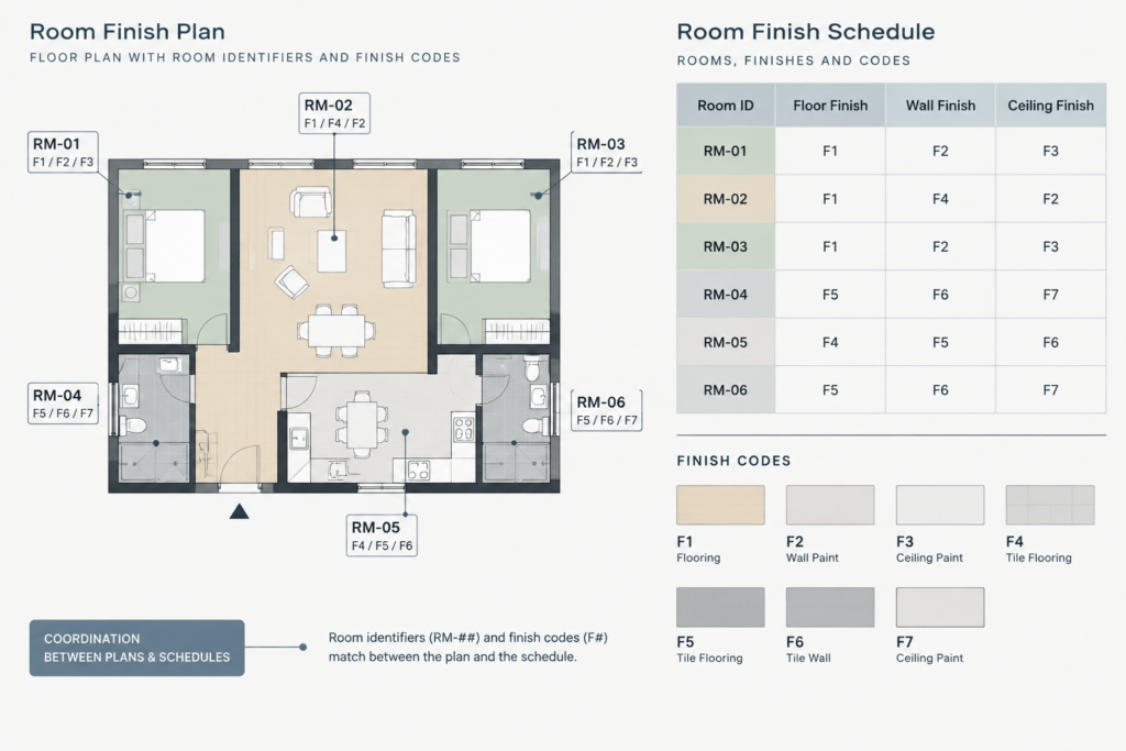 How to Draft a Room Finish Plan in CAD and Coordinate the Finish Schedule architectural CAD illustration