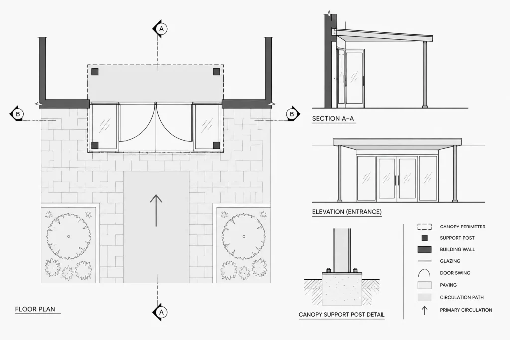 How to Draft and Coordinate Entrance Canopies and Awnings in Architectural CAD architectural CAD illustration