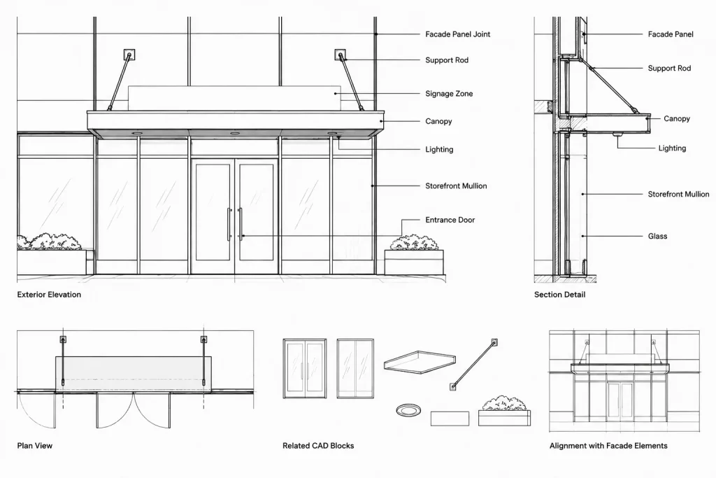How to Draft and Coordinate Entrance Canopies and Awnings in Architectural CAD architectural CAD illustration