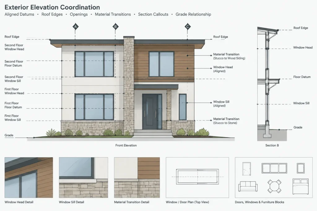 How to Draft and Coordinate Exterior Building Elevations in Architectural CAD architectural CAD illustration