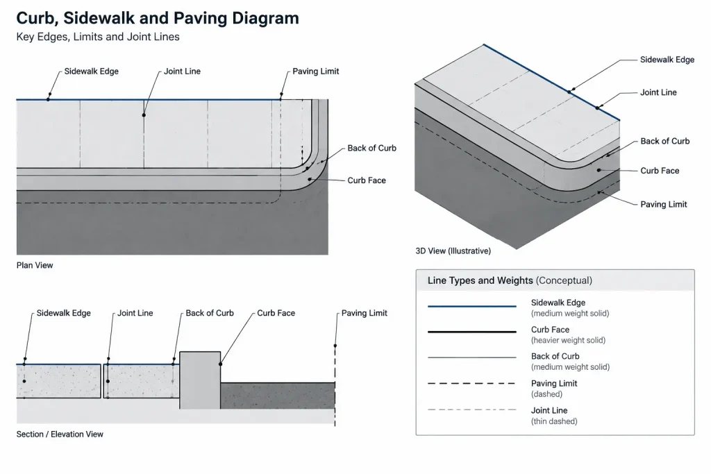 How to Draft Curbs, Sidewalks, and Paving Limits in Architectural CAD architectural CAD illustration