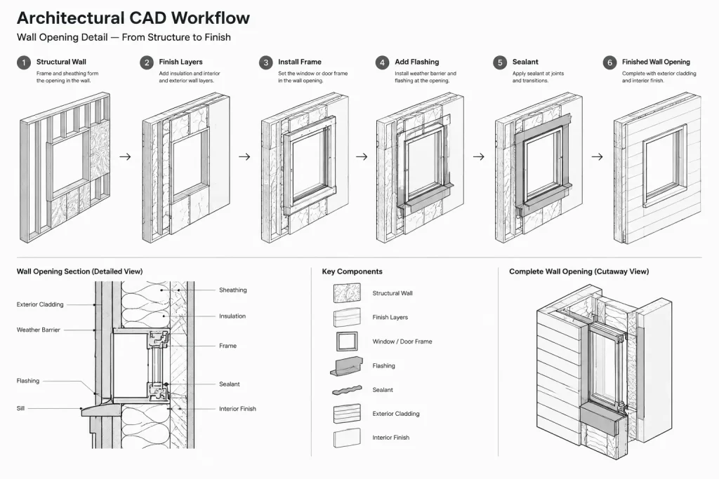 How to Draft Door and Window Head, Jamb, and Sill Details in CAD architectural CAD illustration