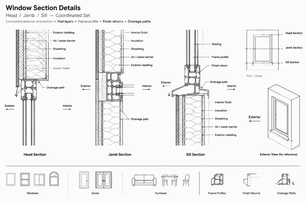 How to Draft Door and Window Head, Jamb, and Sill Details in CAD architectural CAD illustration