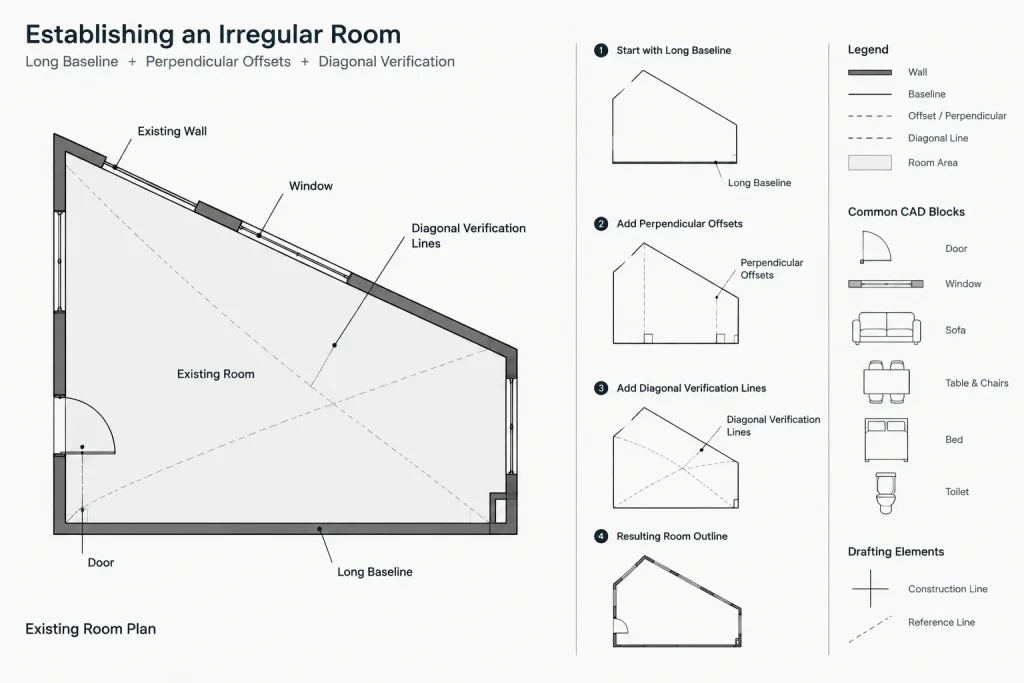 How to Draft Existing Conditions from Field Measurements in AutoCAD architectural CAD illustration