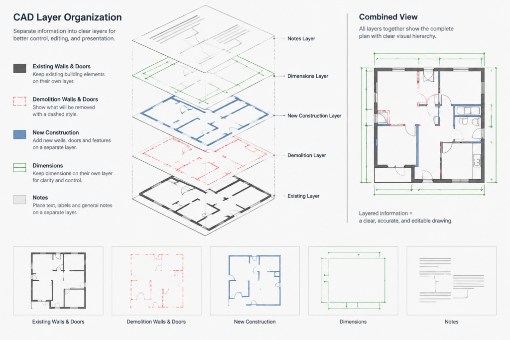 How to Draft Existing, Demolition, and New Work Plans in CAD architectural CAD illustration